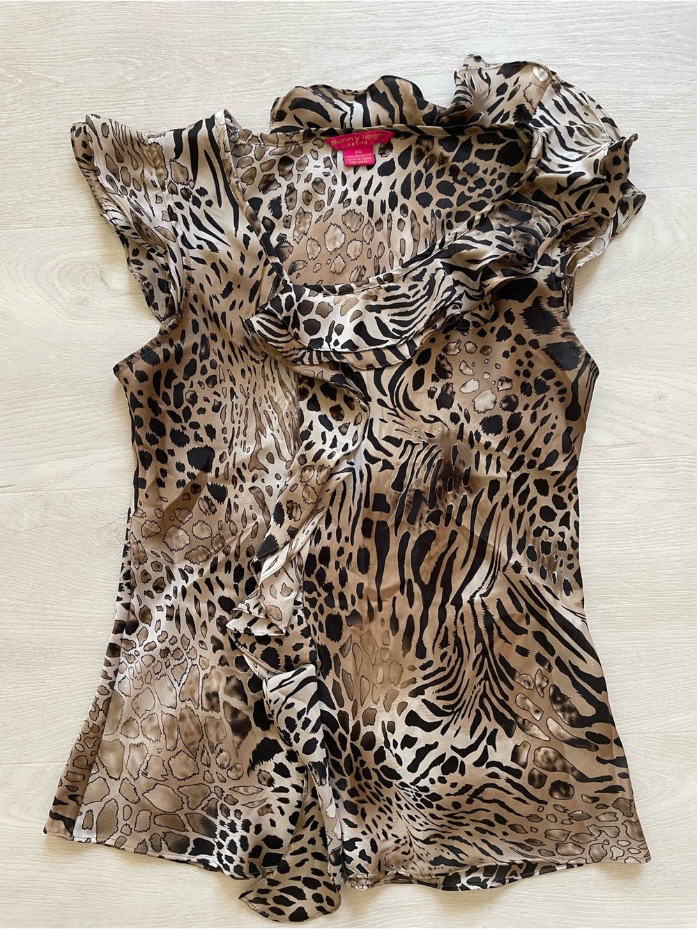 Sunny Leigh Animal-Print Ruffle Cap-Sleeve Blouse - Beige/Black